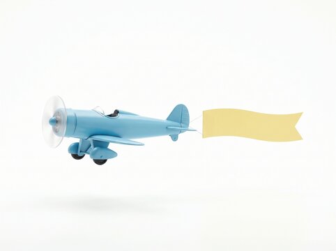 A small blue toy airplane with a blank banner attached is flying against a white background. 