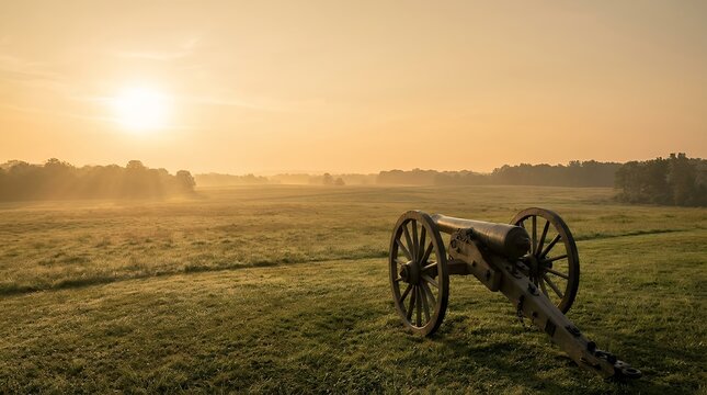 A historic and evocative image of a civil war cannon at Gettysburg captured at sunrise with soft golden light illuminating the scene. A powerful memorial to American history. cannon at gettysburg at