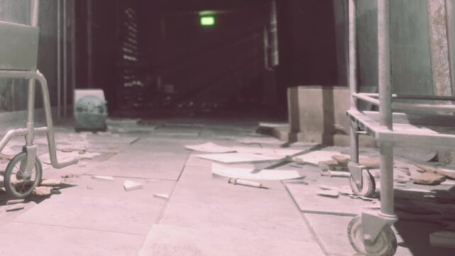 The scene shows a hallway in an abandoned building. Dust and debris cover the floor. There are empty carts and scattered papers throughout the area. A faint light is visible at the end.