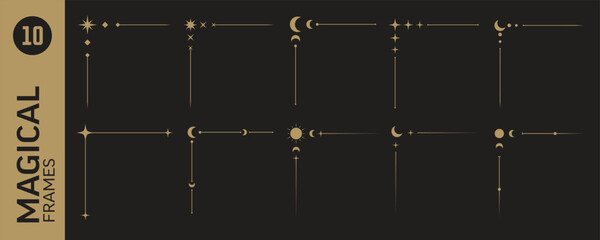 Naklejka premium Golden tarot corners set for frames with celestial elements. Magic design of simple classic borders. Decorative lines for cards, menu, book pages, vignette. Vector illustration on black background
