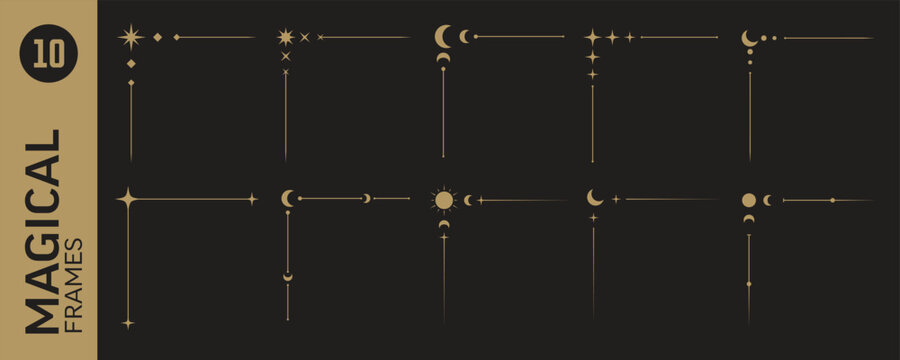 Golden tarot corners set for frames with celestial elements. Magic design of simple classic borders. Decorative lines for cards, menu, book pages, vignette. Vector illustration on black background
