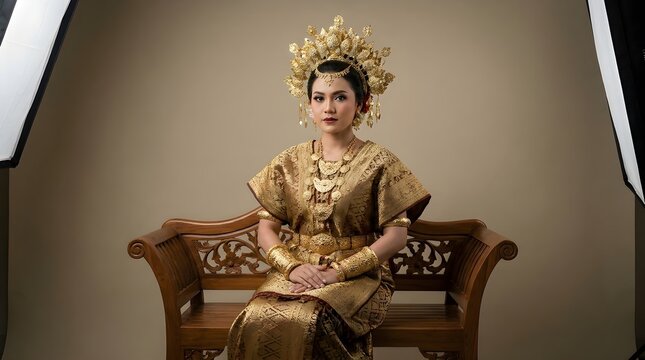 Woman in traditional Baju Bodo attire from South Sulawesi sitting on wooden chair