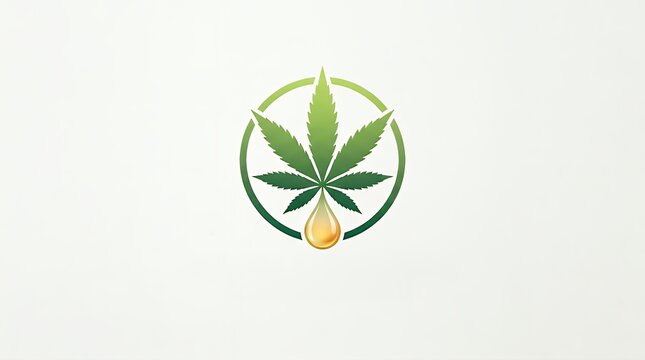 A natural medical cannabis oil logo with gradient colors featuring a green hemp leaf and a drop of extracted CBD oil representing innovative medicine and natural remedies. natural medical cannabis