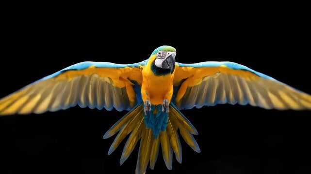 Graceful macaw in flight against a black background captured midair from various angles