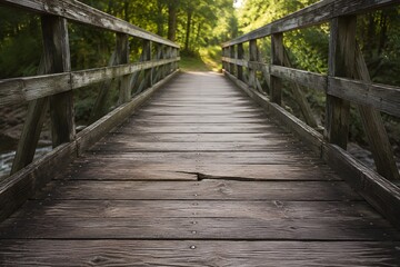 Fototapeta premium Repaired Wooden Bridge with Fresh Cracked Plank Symbolizing Relapse Threatening Recovery Progress and Resilience Journey