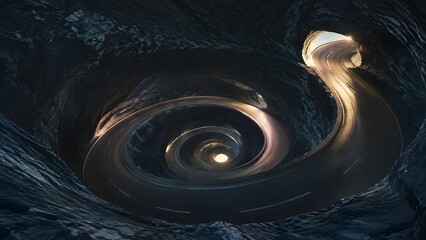 Naklejka premium Empty Spiral Road Returning Through Dark Tunnel Before Emerging Again Symbolizing Repeated Relapse Recovery Cycle