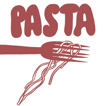  Minimalist vector illustration of a fork with spaghetti noodles and hand-drawn "PASTA" text, isolated on a white background.