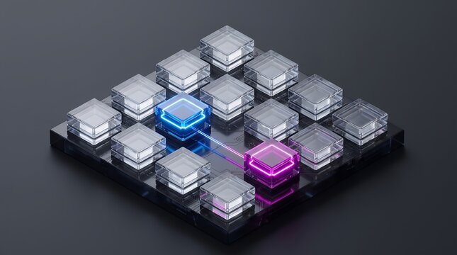 Blockchain Node Activation Concept Featuring Glass Cubes with Glowing Secure Data Connection on a Circuit Board