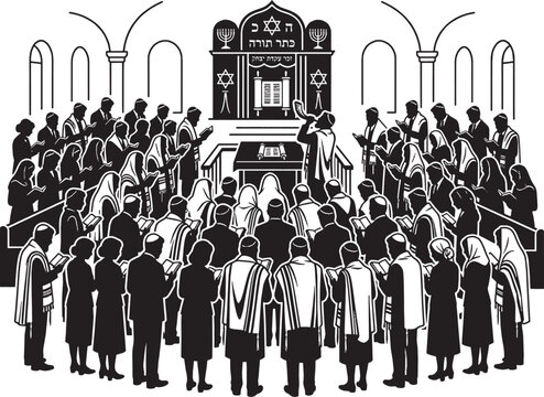 Group of jewish people praying in a synagogue interior during religious service black and white silhouette illustration Vector