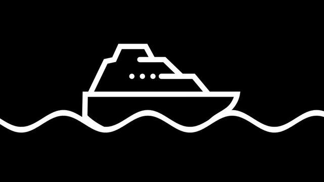 Animated white line art cruise ship sailing on ocean waves against a black background. Simple minimalist travel concept.
