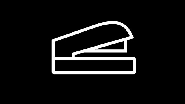 Animated white line art stapler opening and closing on a black background. Minimalist office supply and stationery concept.