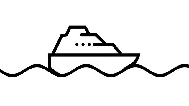 Animated black line art cruise ship sailing on ocean waves against a white background. Simple minimalist travel concept.