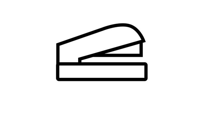 Animated black line art stapler opening and closing on a white background. Minimalist office supply and stationery concept.