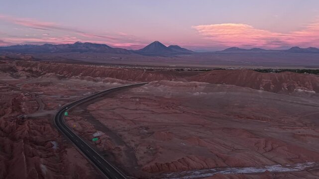 Scenic Desert road in Atacama Desert, Chile at sunset