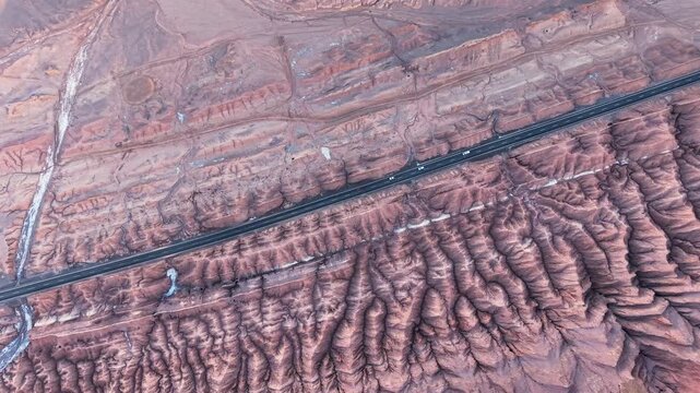 Aerial view of highway through Atacama Desert canyon, Chile
