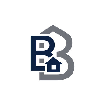 Real estate company logo vector illustration featuring interlocking letters B and a house icon in dark blue and grey.
