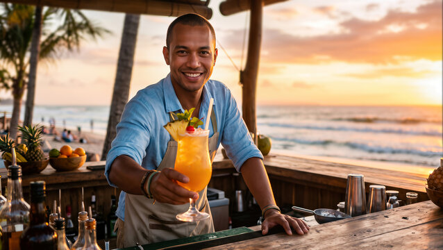 Male bartender presenting tropical cocktail at wooden beach bar, beautiful sunset over ocean, perfect vacation service.