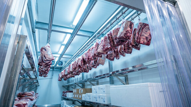 Packaged beef cuts hanging on rails in industrial cold storage, food preservation and wholesale meat supply chain.