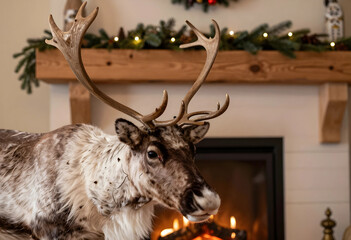 Naklejka premium Christmas holiday season and winter celebration, reindeer with antlers in front of a cozy fireplace with festive garland