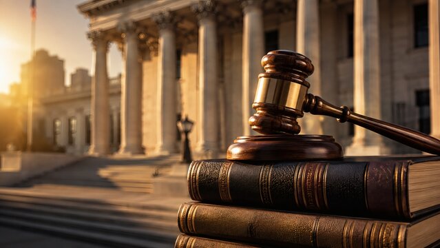 Wooden gavel resting on law books with a courthouse building in the background