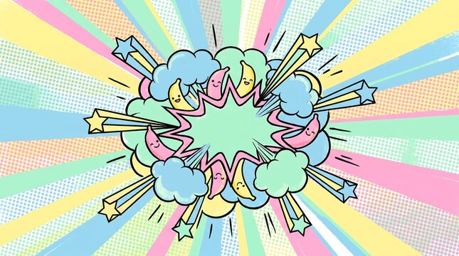 Cute cartoon banana characters with smiling faces in a colorful pop art style comic book explosion speech bubble background with shining stars