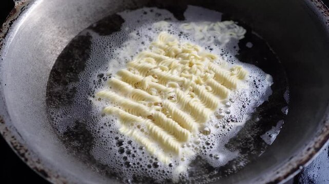Close-up of instant noodles cooking in boiling water within a rustic metal pot. Steam rises as noodles soften, capturing a simple, authentic meal prep moment, elegantly showcasing process.