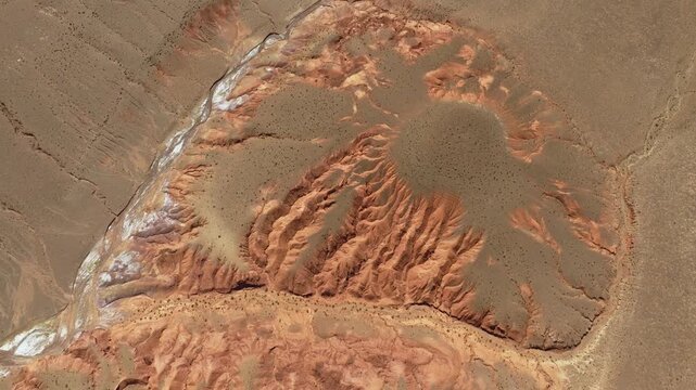 Aerial view of eroded desert terrain near Purmamarca