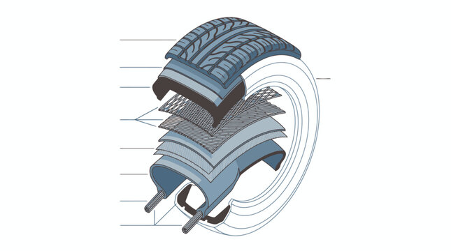 Detailed cross section diagram of a car tire showing internal structure layers and components. EPS Editable