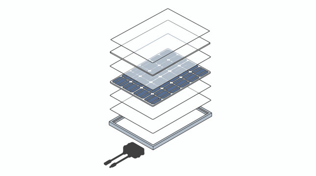 Detailed diagram showing exploded layers of a modern photovoltaic solar panel system. EPS Editable