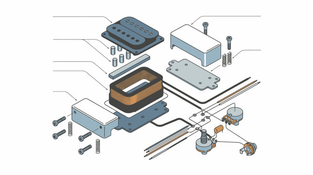 Detailed diagram showing the internal components and assembly of an electric guitar pickup. EPS Editable