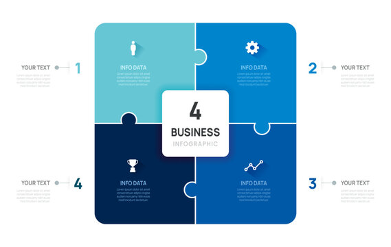 Venn diagram business infographic circle chart template 4 options, presentation with jigsaw puzzle Circular diagram elements vector illustration.