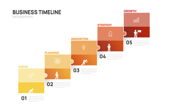 Business step timeline infographic jigsaw puzzle template. Modern milestone element timeline diagram 5 steps, vector infographics.