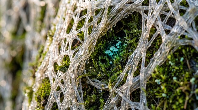Tiny Glowing Mushrooms Nestled in Moss Beneath Slime Mold Web