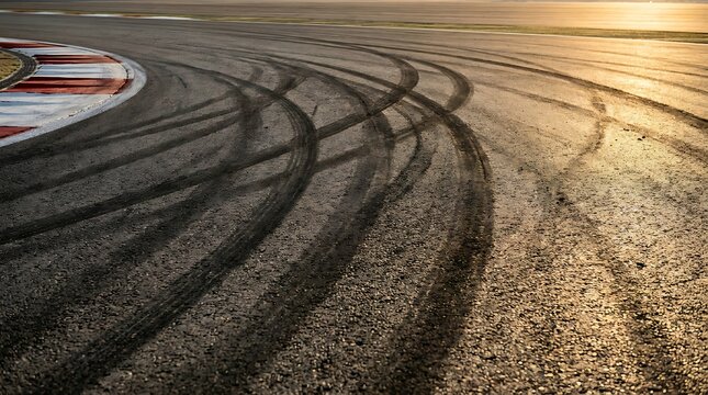 Dynamic tire marks etched onto a textured asphalt racing circuit under the warm glow of the setting sun, evoking speed and the thrill of competition