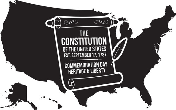 Black silhouette of the united states map with the constitution of the united states scroll and a quill pen icon Vector