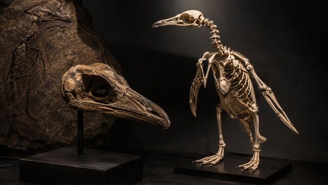 Skeletons of a bird and a skull displayed on stands in a museum setting