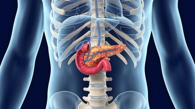 Human Pancreas and Duodenum Anatomy Showing Digestive Gland Structure in 3D Medical Animation