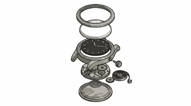 Detailed isometric illustration of a disassembled wristwatch showing inner gears and components. EPS Editable