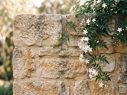 View of stone wall with flowers