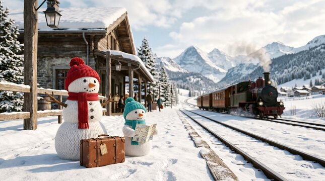 Two knitted snowmen with luggage waiting for train at snowy station