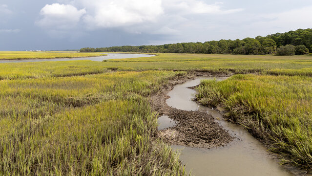 Drone captures aerial view of wetland with winding creek under cloudy sky