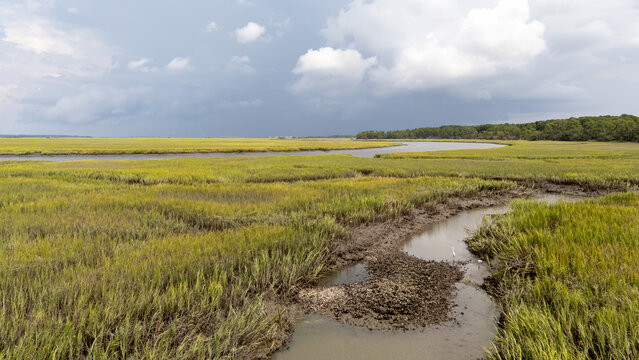 Wide view of marshland with river and clouds in the sky during the day