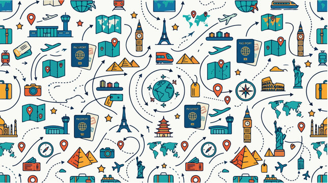 Seamless pattern featuring colorful travel icons and landmarks.