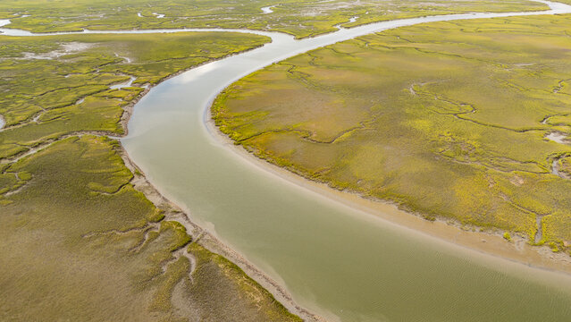 Drone view captures winding river through green landscape at low tide