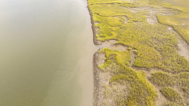 Drone view of wetland area with grass and water at low tide in afternoon light