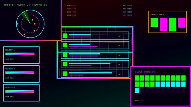 A digital phishing alert interface displays multiple sector scans with neon grids and data metrics glowing brightly against a dark void within a simulated tracking software