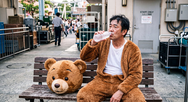 テーマパークの舞台裏で着ぐるみの頭を外しベンチで水分補給する中年男性スタッフ