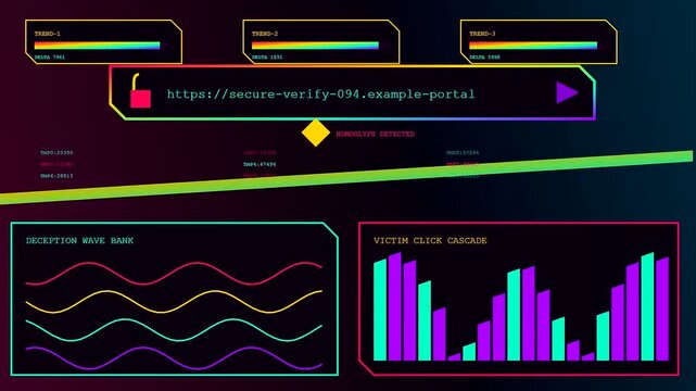 A digital phishing alert display screen shows animated data graphs and malicious web links moving continuously across a dark computer monitor interface for global monitoring
