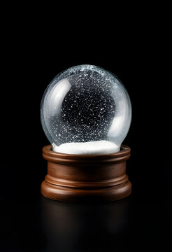 Winter holiday season and christmas celebration concept, empty snow globe with falling snow on a dark background