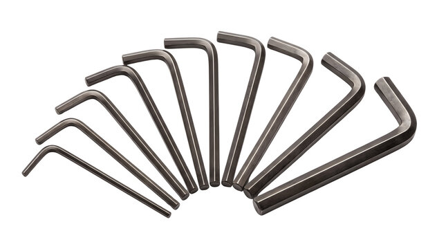 Industrial hex key set, professional allen wrench collection on white background, black steel hand tools for assembly and repair